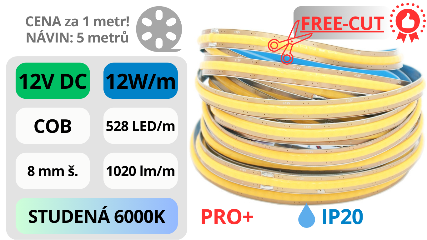 LED pásek COB 12V / 528 LED / 12W / 6000K / IP20 / 8mm / PRO+ FREE-CUT